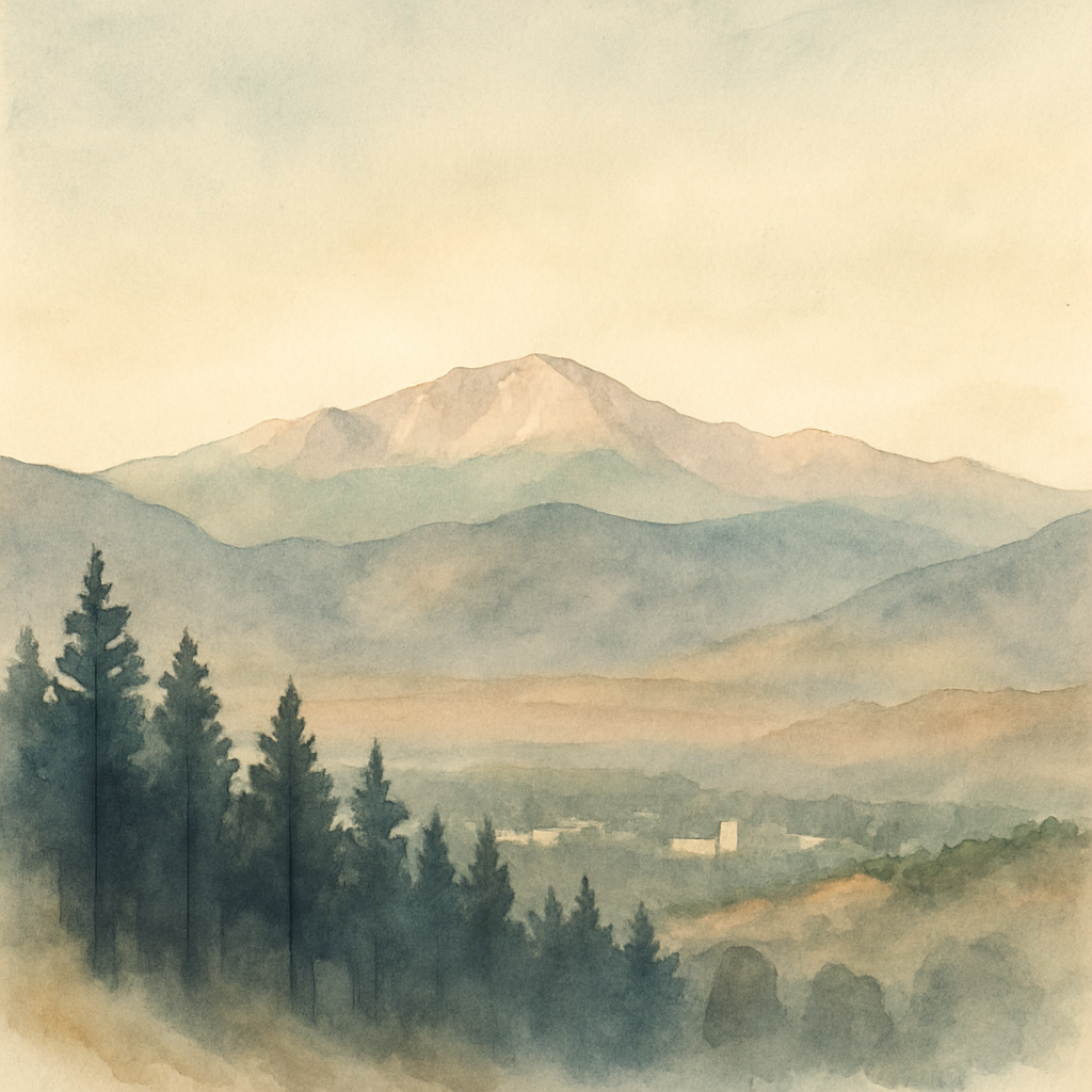 An abstract editorial illustration of a Colorado Springs vista at first light, with Pikes Peak and pine forest in soft watercolor, in soft morning light with…