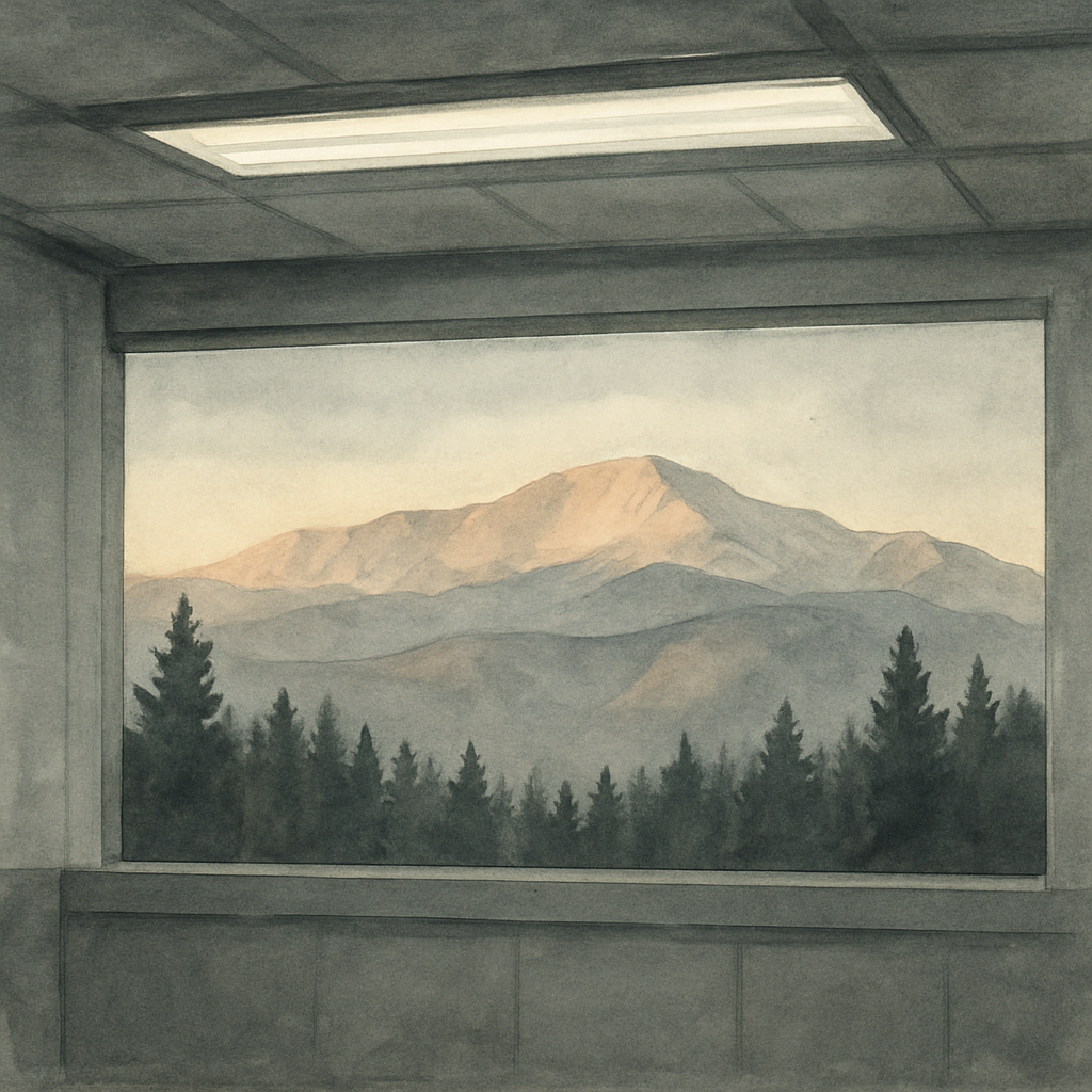 An abstract editorial illustration of a Colorado Springs vista at first light, with Pikes Peak and pine forest in soft watercolor, under harsh fluorescent…