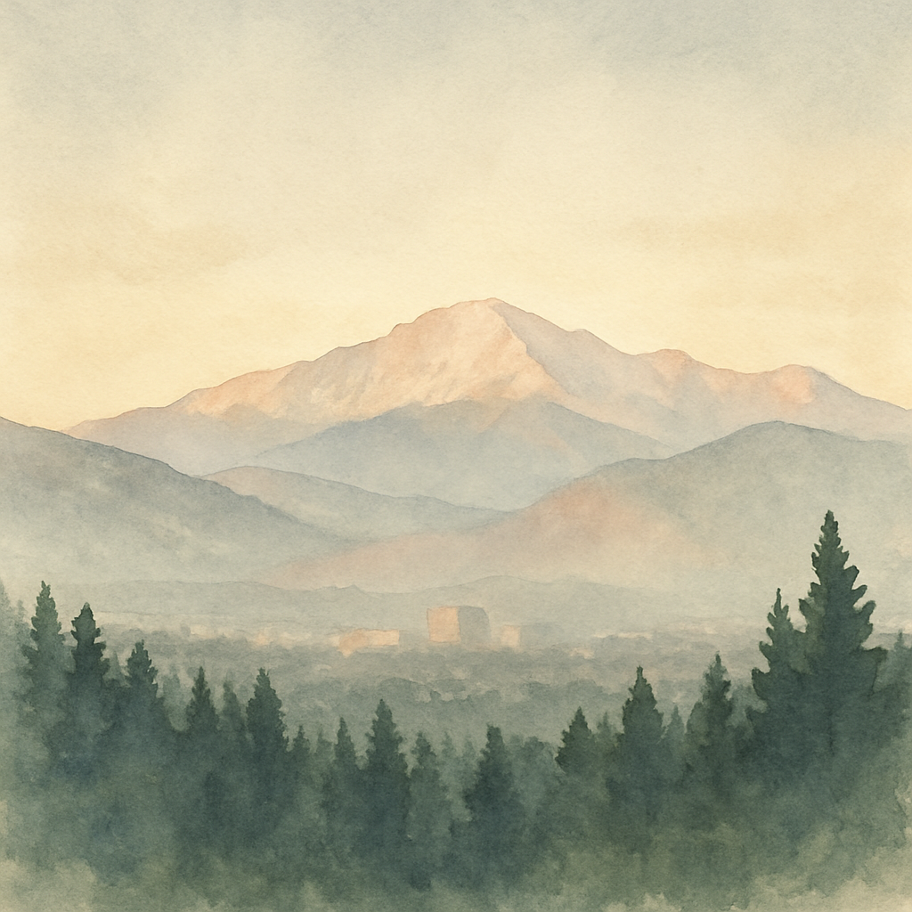 An abstract editorial illustration of a Colorado Springs vista at first light, with Pikes Peak and pine forest in soft watercolor, in soft morning light with…