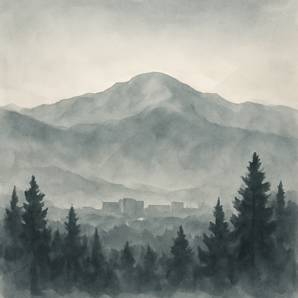 An abstract editorial illustration of a Colorado Springs vista at first light, with Pikes Peak and pine forest in soft watercolor, in cool institutional grays…