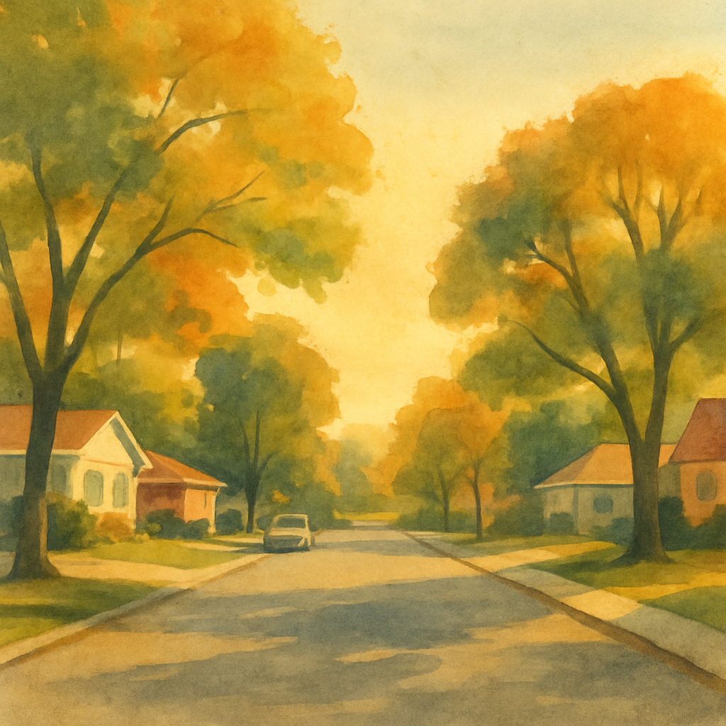 An abstract editorial illustration of a quiet Colorado Springs residential street with mature trees, viewed in early autumn light, in warm golden afternoon…