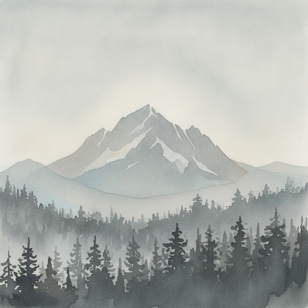 An abstract editorial illustration of a Colorado Springs vista at first light, with Pikes Peak and pine forest in soft watercolor, in muted institutional…