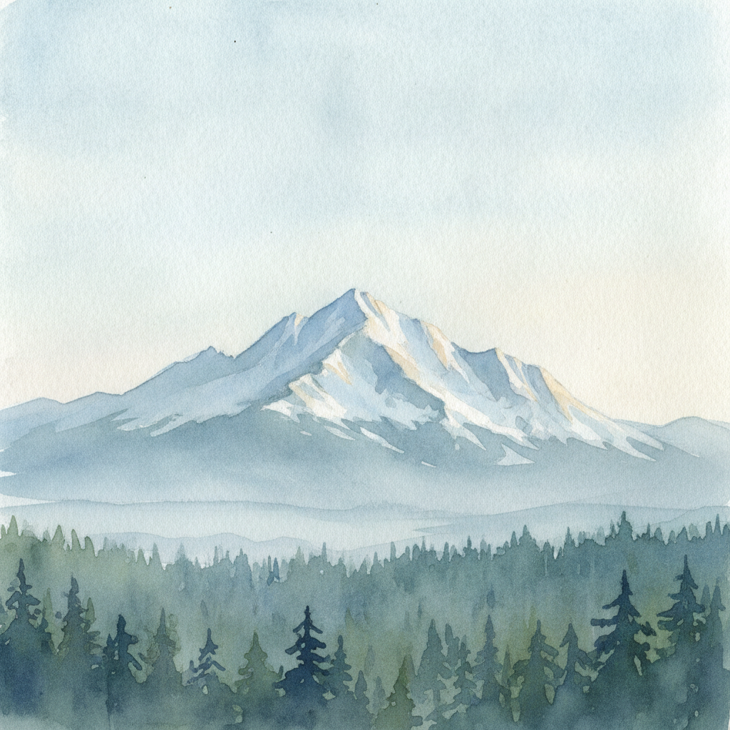 An abstract editorial illustration of a Colorado Springs vista at first light, with Pikes Peak and pine forest in soft watercolor, in glacial blue light with…