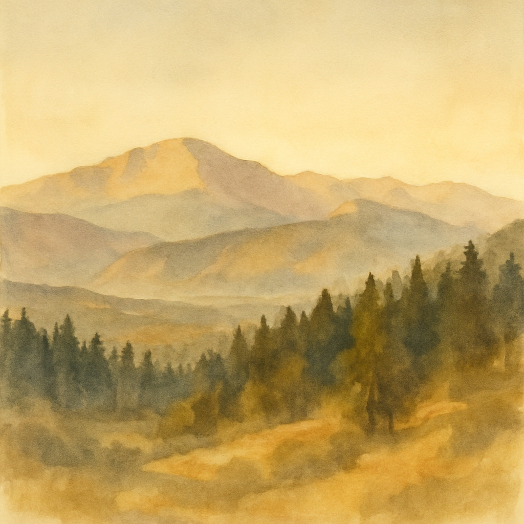 An abstract editorial illustration of a Colorado Springs vista at first light, with Pikes Peak and pine forest in soft watercolor, in dusty golden afternoon…