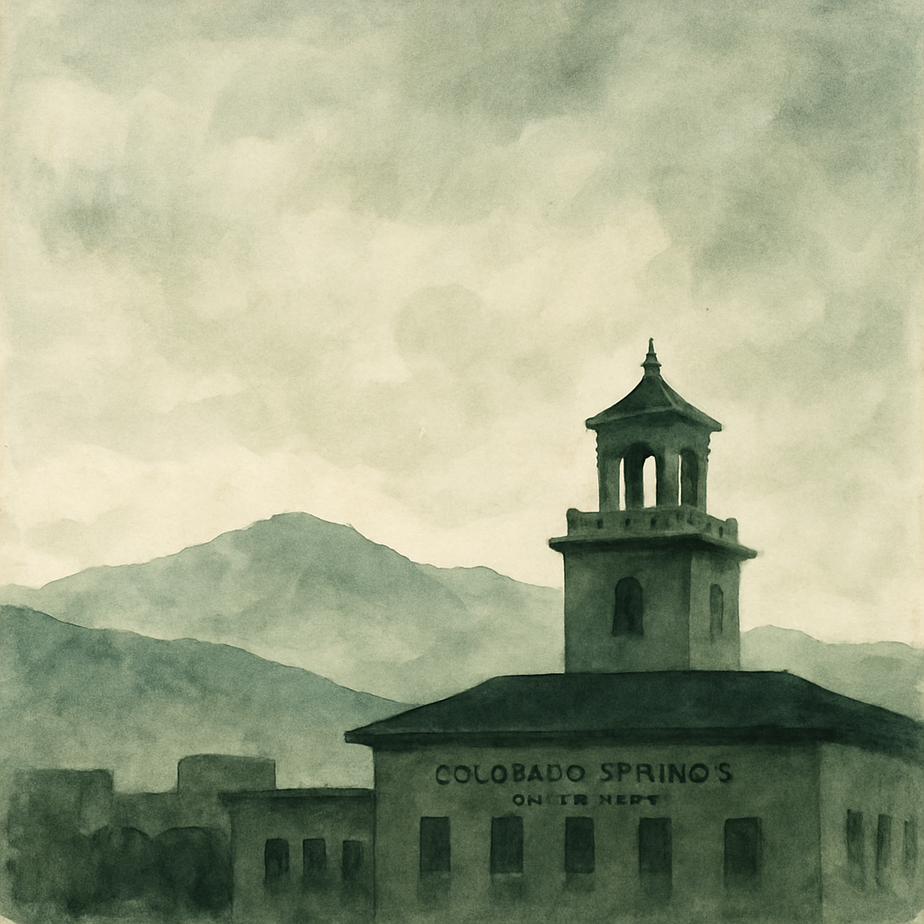 An abstract editorial illustration of a Colorado Springs municipal building silhouette against the morning sky, with Pikes Peak distant on the horizon, in…
