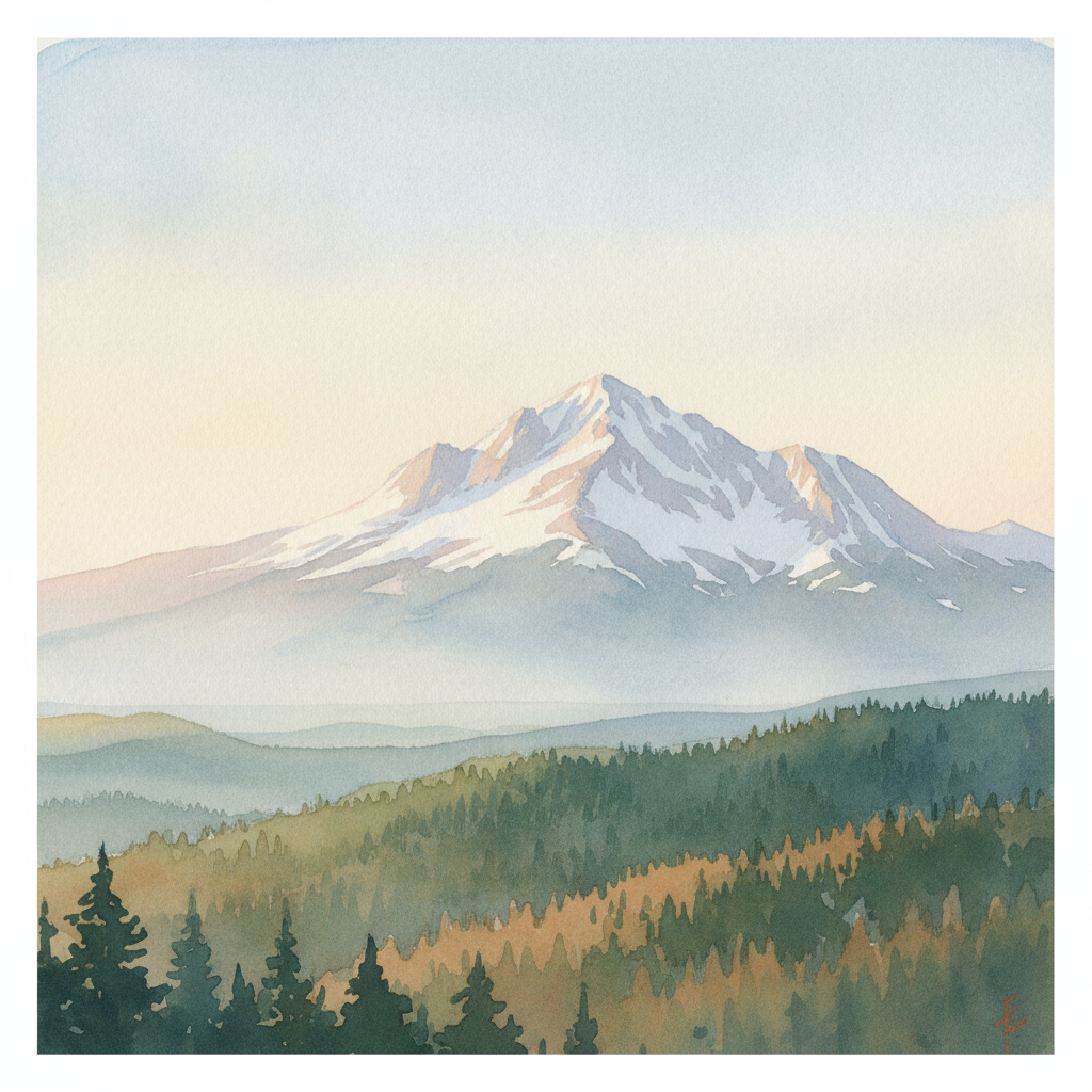 An abstract editorial illustration of a Colorado Springs vista at first light, with Pikes Peak and pine forest in soft watercolor, with daylight clarity and…
