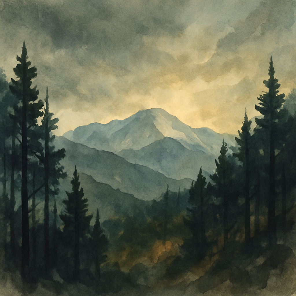 An abstract editorial illustration of a Colorado Springs vista at first light, with Pikes Peak and pine forest in soft watercolor, in dappled forest light…