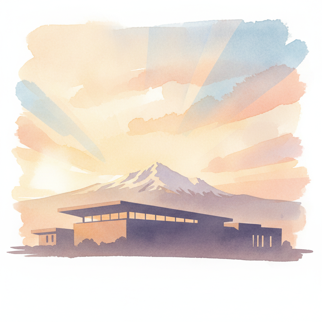 An abstract editorial illustration of a Colorado Springs municipal building silhouette against the morning sky, with Pikes Peak distant on the horizon, in…
