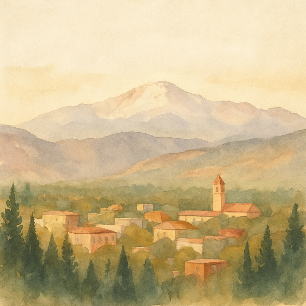 An abstract editorial illustration of a Colorado Springs vista at first light, with Pikes Peak and pine forest in soft watercolor, in soft afternoon light…