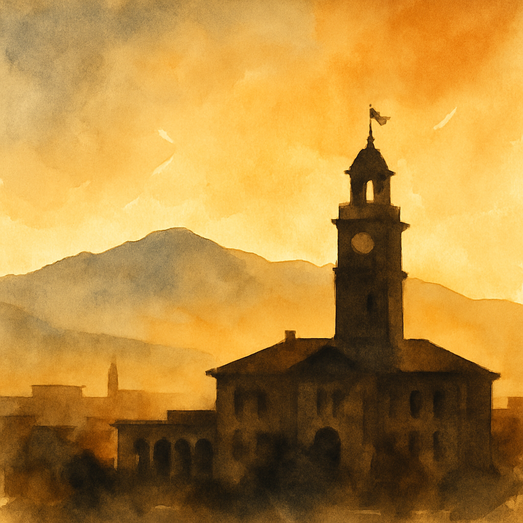 An abstract editorial illustration of a Colorado Springs municipal building silhouette against the morning sky, with Pikes Peak distant on the horizon, in…