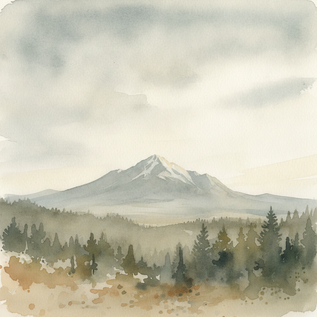 An abstract editorial illustration of a Colorado Springs vista at first light, with Pikes Peak and pine forest in soft watercolor, in washed-out grays and…