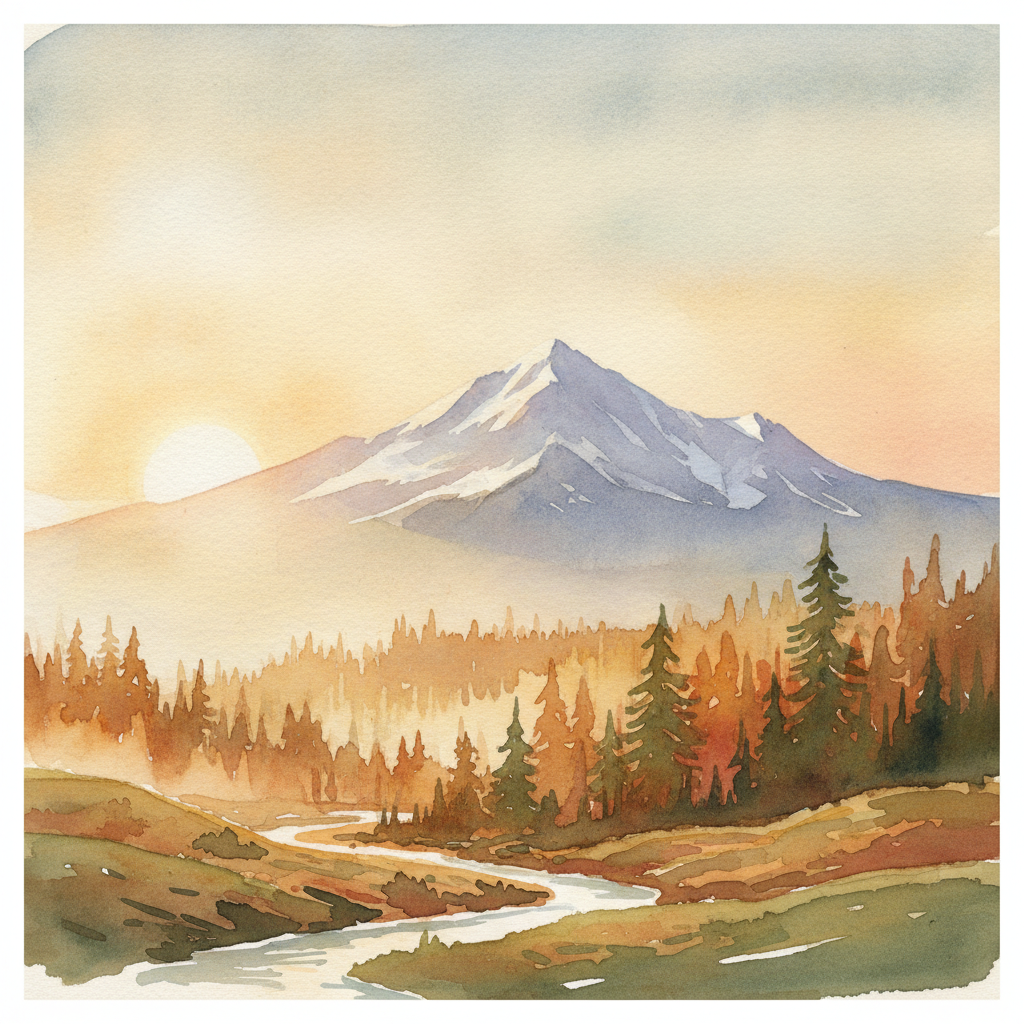 An abstract editorial illustration of a Colorado Springs vista at first light, with Pikes Peak and pine forest in soft watercolor, in golden late-afternoon…