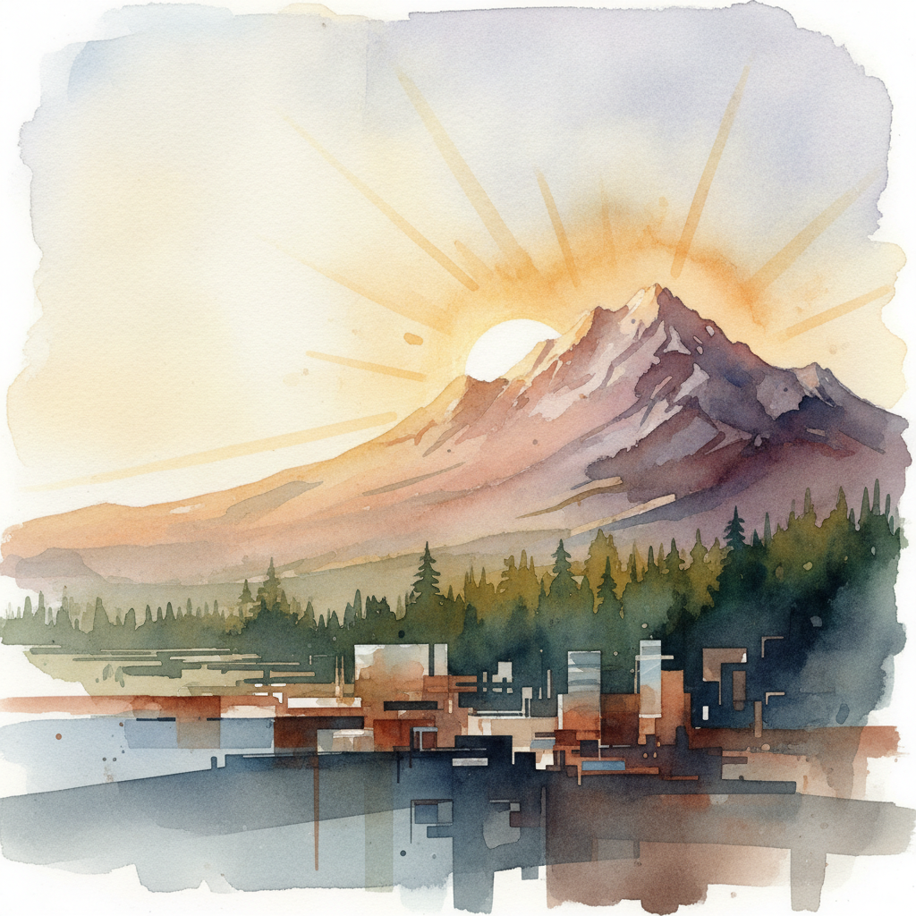 An abstract editorial illustration of a Colorado Springs vista at first light, with Pikes Peak and pine forest in soft watercolor, with golden afternoon…