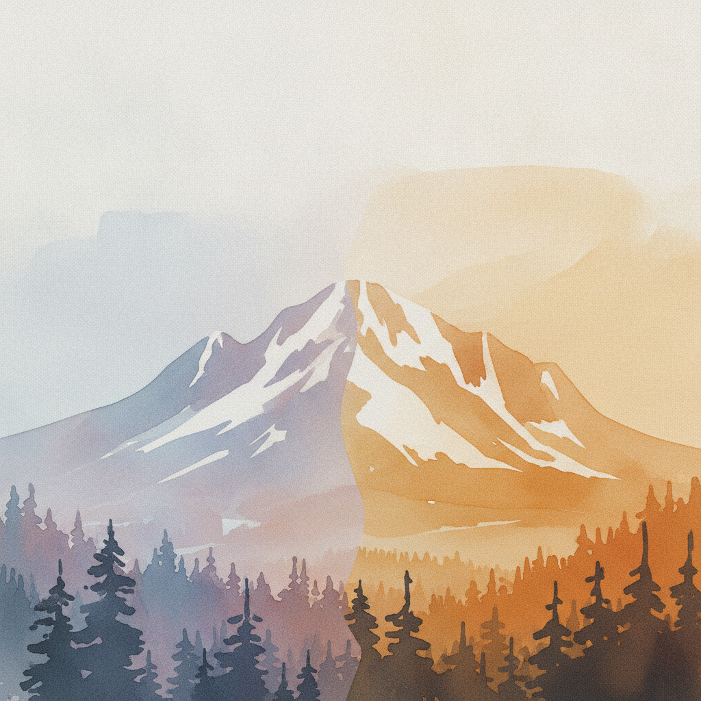 An abstract editorial illustration of a Colorado Springs vista at first light, with Pikes Peak and pine forest in soft watercolor, in harsh afternoon light…