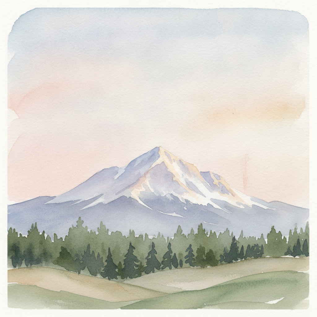 An abstract editorial illustration of a Colorado Springs vista at first light, with Pikes Peak and pine forest in soft watercolor, beneath high altitude…