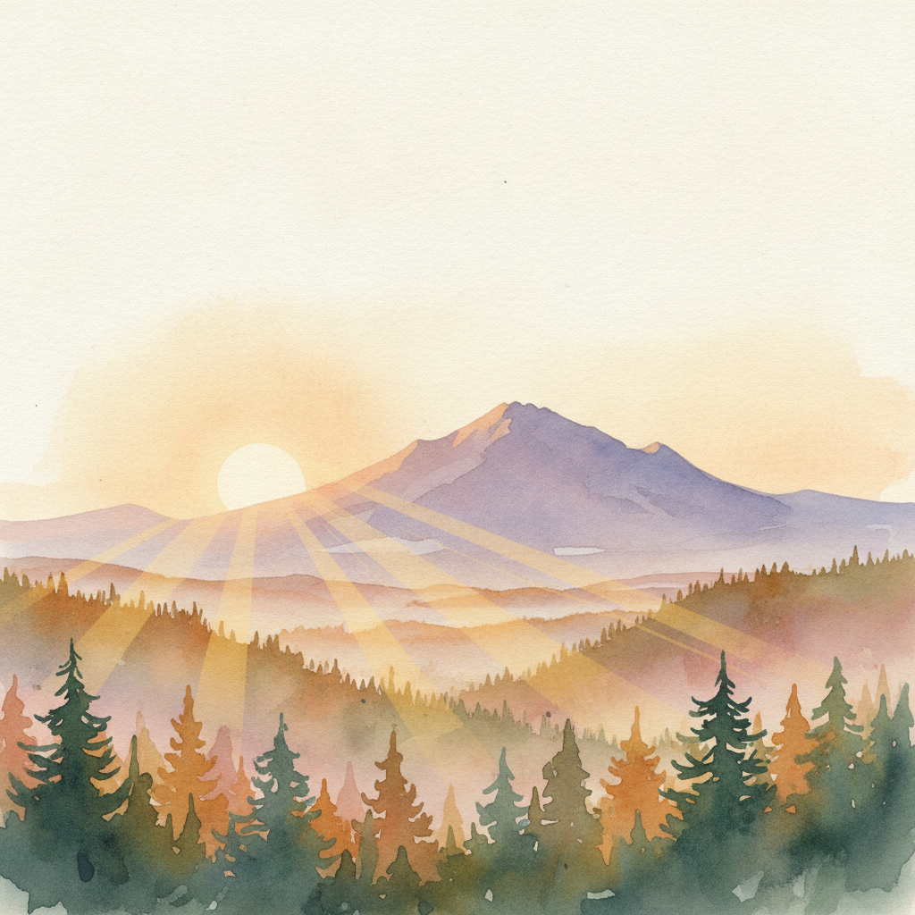 An abstract editorial illustration of a Colorado Springs vista at first light, with Pikes Peak and pine forest in soft watercolor, in warm afternoon light…
