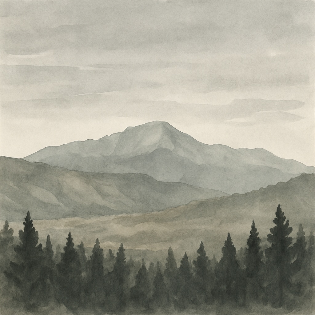 An abstract editorial illustration of a Colorado Springs vista at first light, with Pikes Peak and pine forest in soft watercolor, under muted gray daylight…