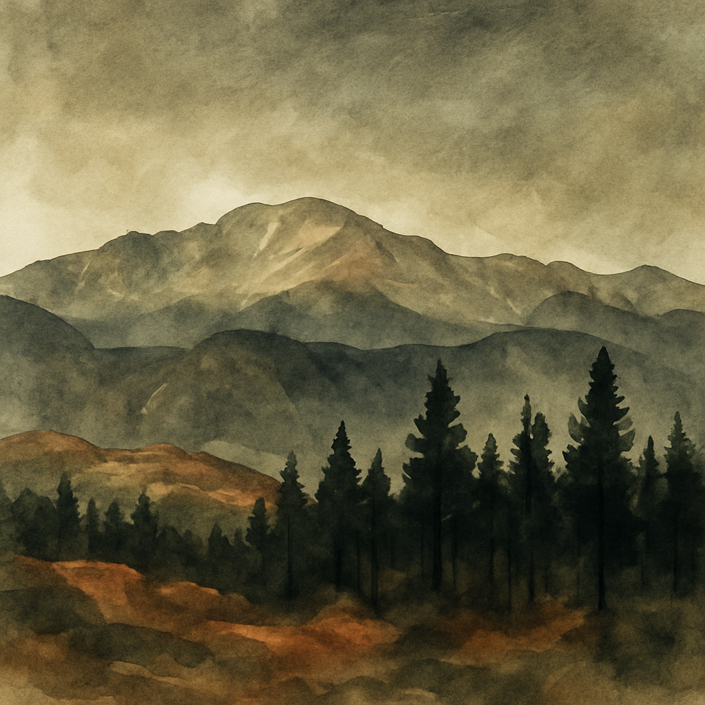 An abstract editorial illustration of a Colorado Springs vista at first light, with Pikes Peak and pine forest in soft watercolor, in harsh afternoon light…