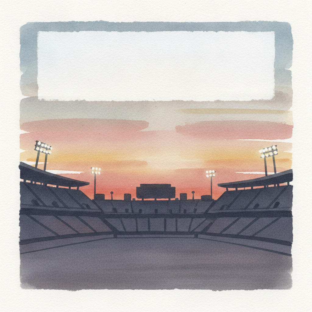 An abstract editorial illustration of an empty stadium silhouette against a Colorado sunset, with stadium lights just beginning to glow, under bright…