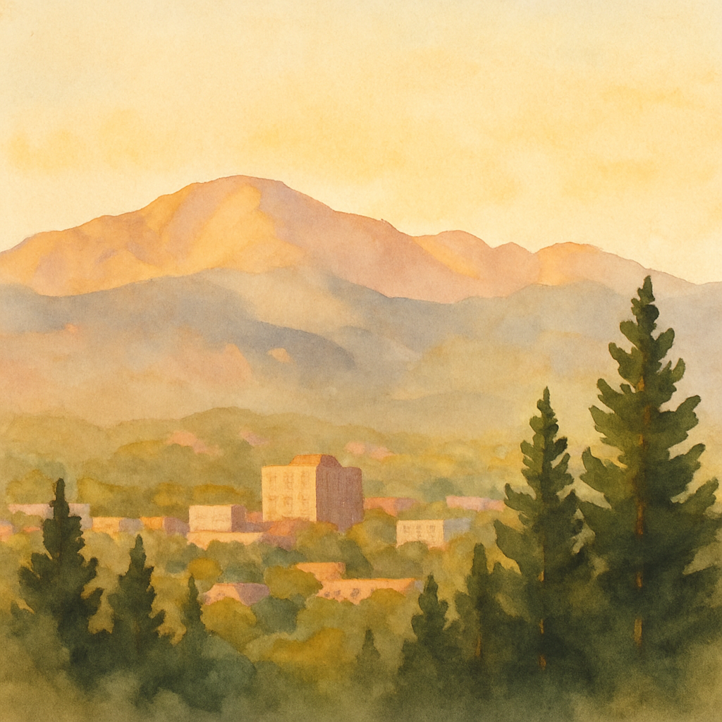 An abstract editorial illustration of a Colorado Springs vista at first light, with Pikes Peak and pine forest in soft watercolor, in warm afternoon light…