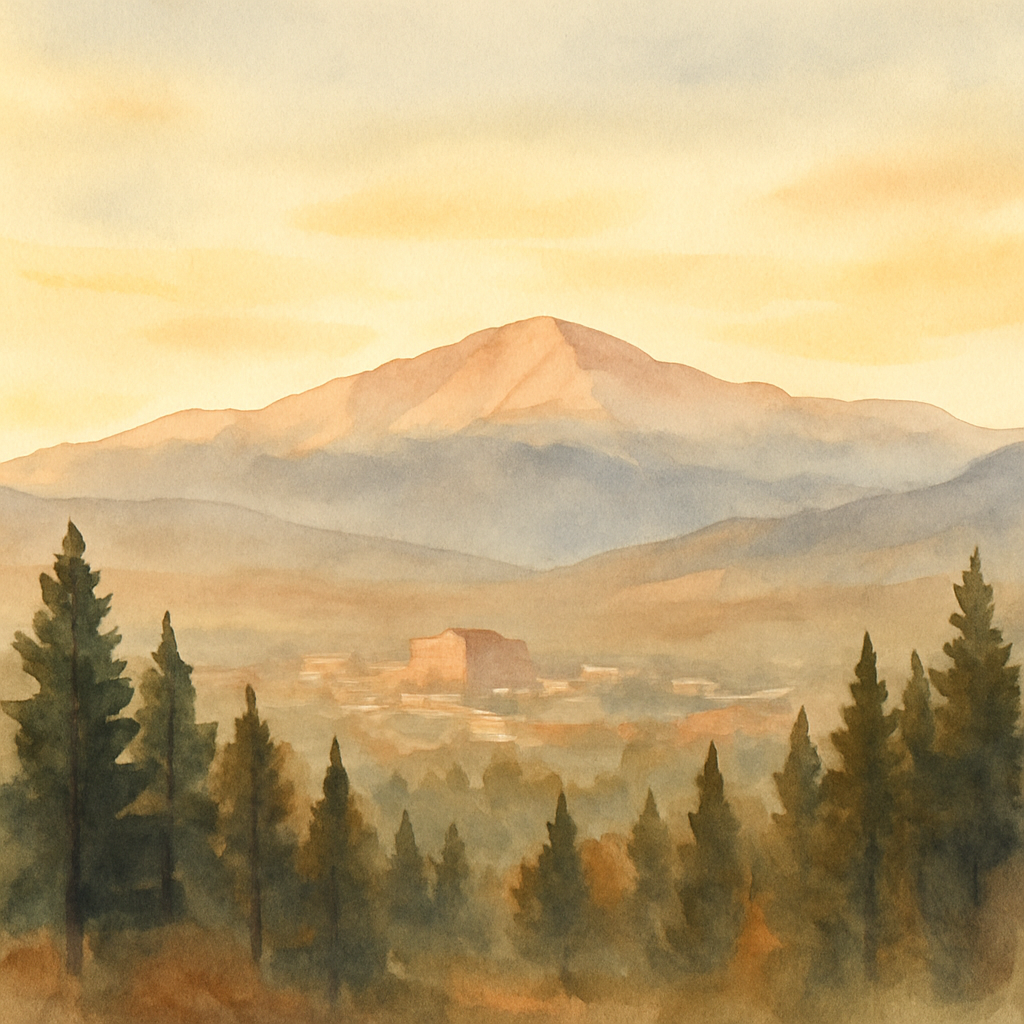 An abstract editorial illustration of a Colorado Springs vista at first light, with Pikes Peak and pine forest in soft watercolor, with warm evening light and…