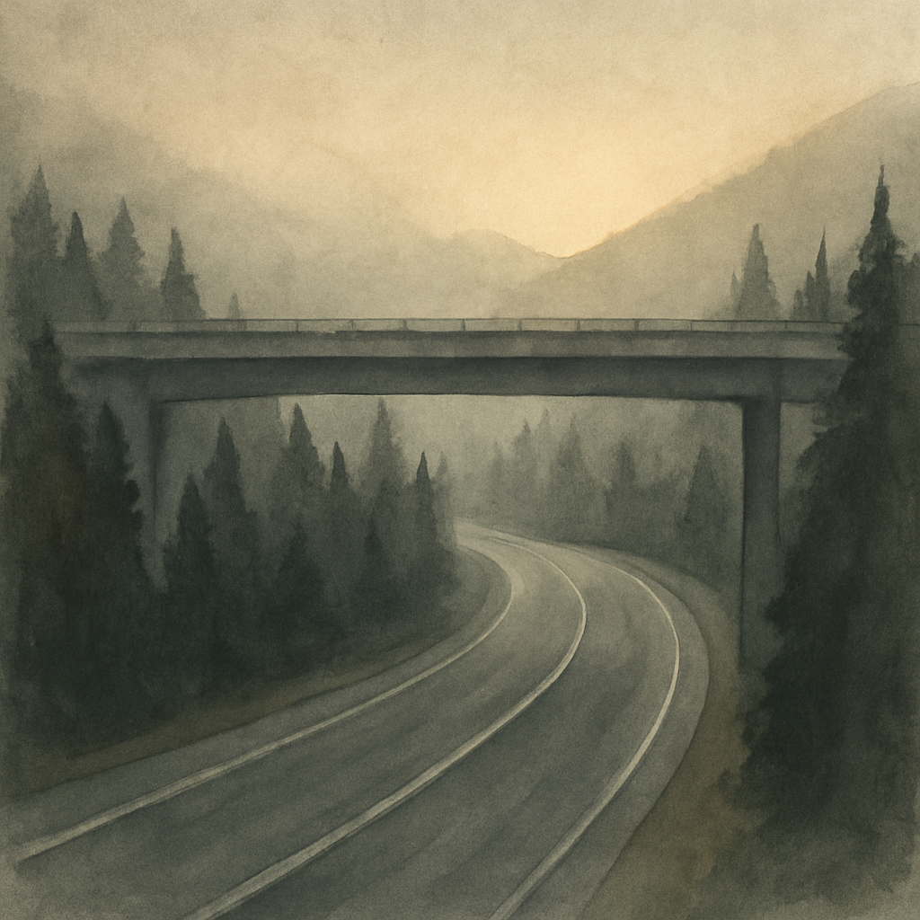 An abstract editorial illustration of a Colorado mountain highway curving through pine forest, viewed from above at golden hour, beneath the overpass in hazy…