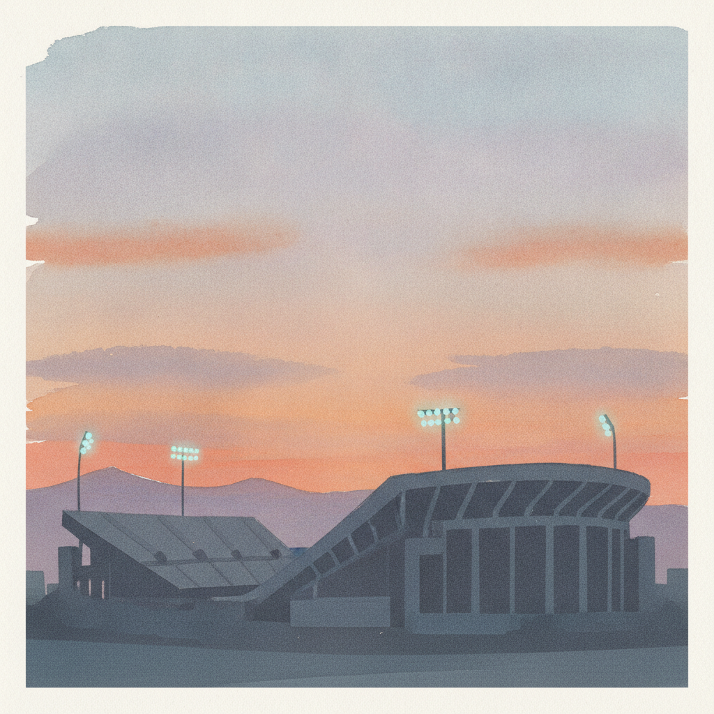An abstract editorial illustration of an empty stadium silhouette against a Colorado sunset, with stadium lights just beginning to glow, in cool evening light…