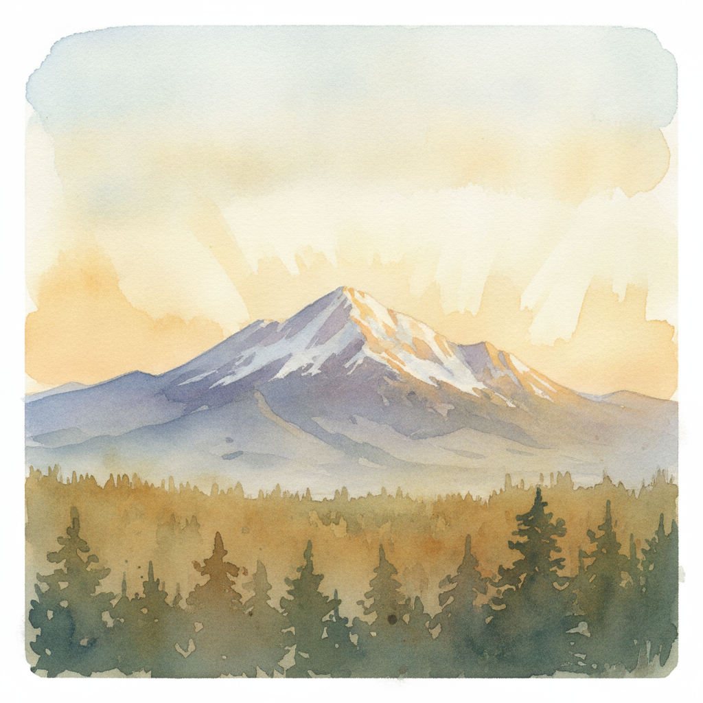 An abstract editorial illustration of a Colorado Springs vista at first light, with Pikes Peak and pine forest in soft watercolor, under afternoon sunlight,…