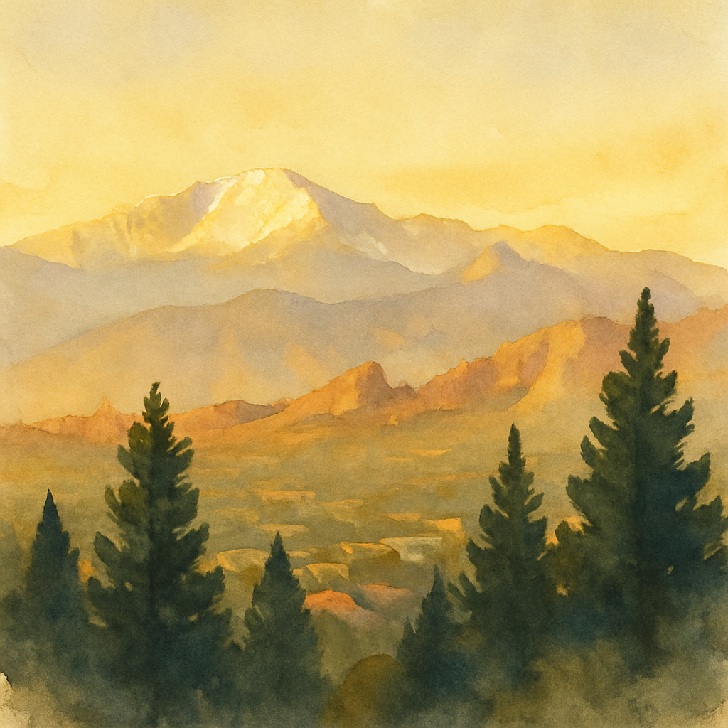 An abstract editorial illustration of a Colorado Springs vista at first light, with Pikes Peak and pine forest in soft watercolor, in warm golden hour light…