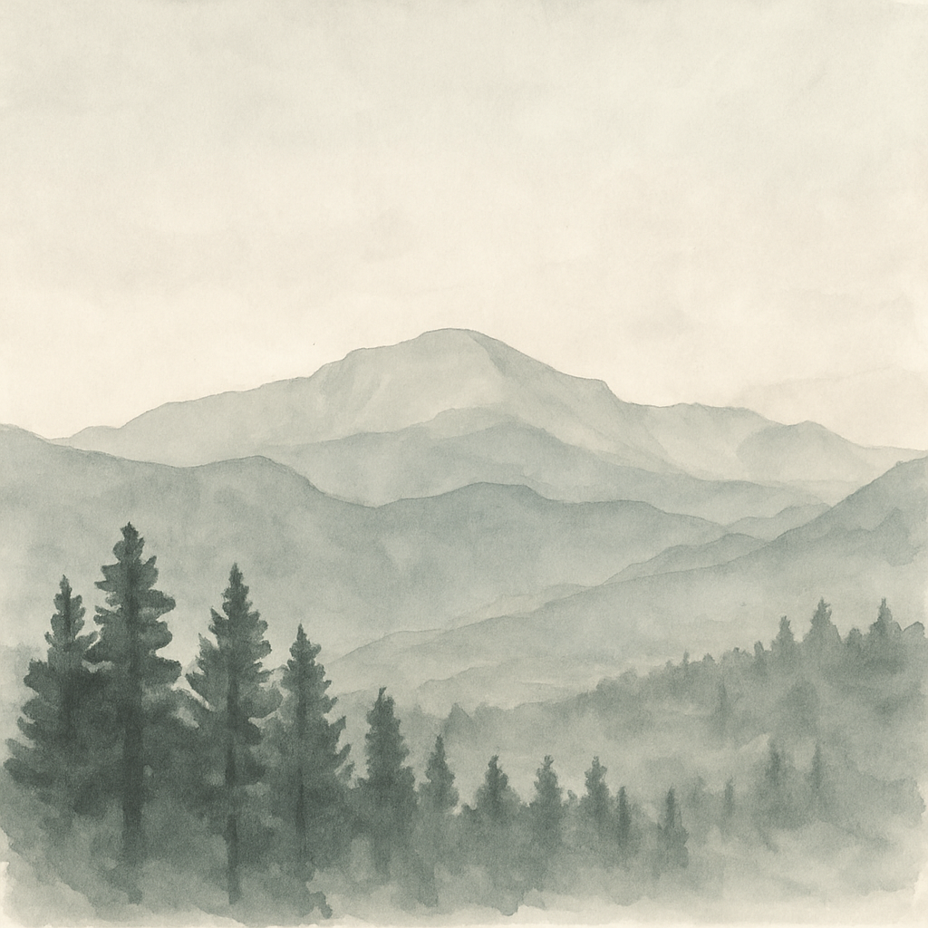 An abstract editorial illustration of a Colorado Springs vista at first light, with Pikes Peak and pine forest in soft watercolor, in pale dawn light with…