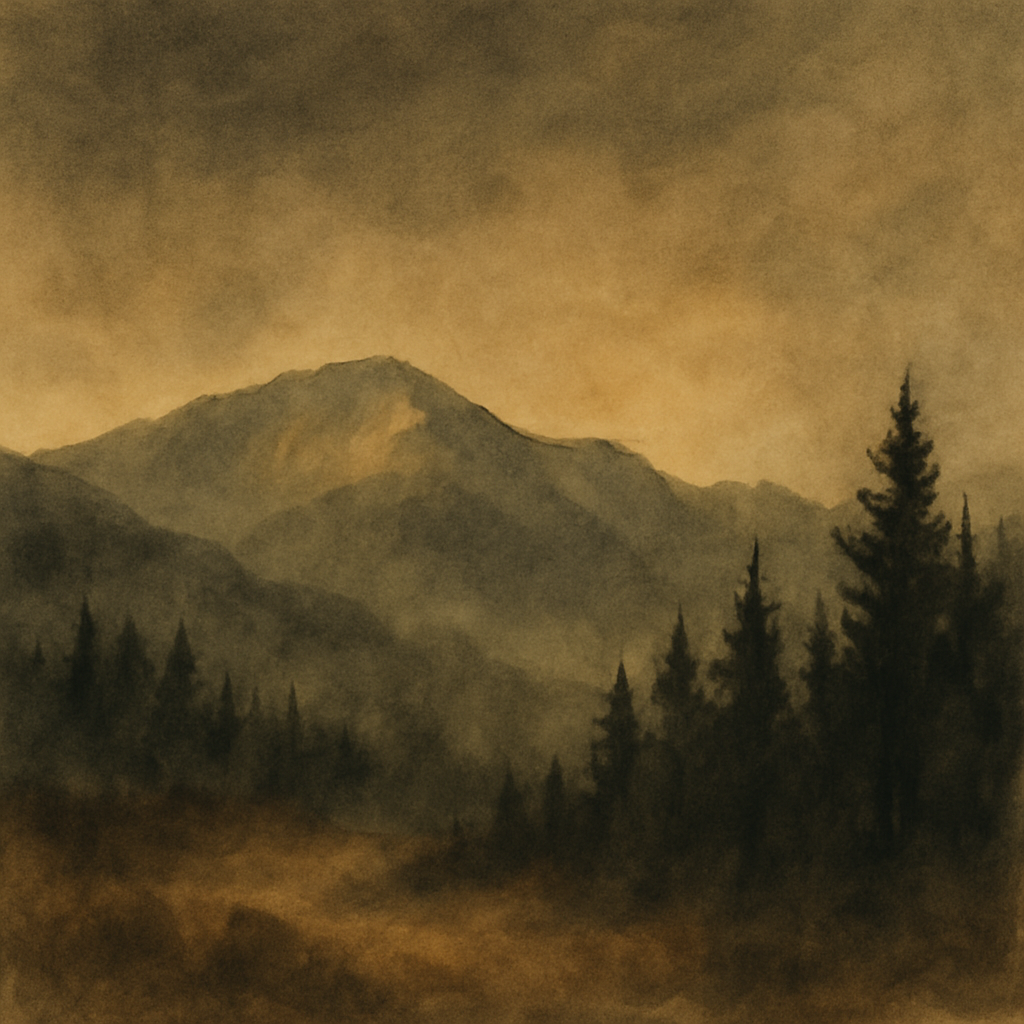 An abstract editorial illustration of a Colorado Springs vista at first light, with Pikes Peak and pine forest in soft watercolor, with murky amber light and…