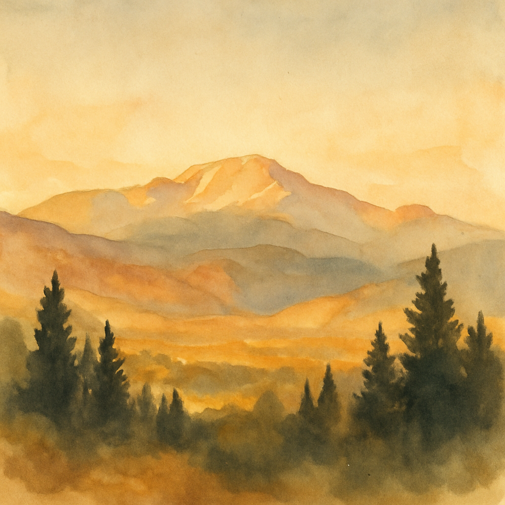 An abstract editorial illustration of a Colorado Springs vista at first light, with Pikes Peak and pine forest in soft watercolor, in warm golden nostalgic…