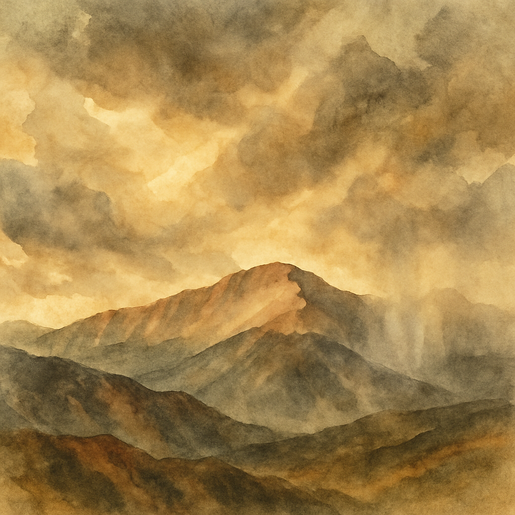 An abstract editorial illustration of Pikes Peak in dramatic atmospheric weather — swirling clouds, distant snow squalls, mountain light, in harsh golden…