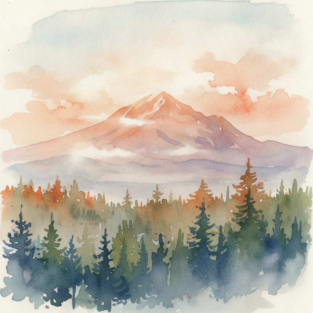 An abstract editorial illustration of a Colorado Springs vista at first light, with Pikes Peak and pine forest in soft watercolor, in hazy afternoon light…