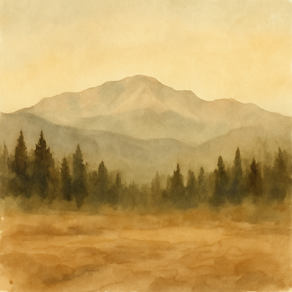An abstract editorial illustration of a Colorado Springs vista at first light, with Pikes Peak and pine forest in soft watercolor, in dusty golden light with…