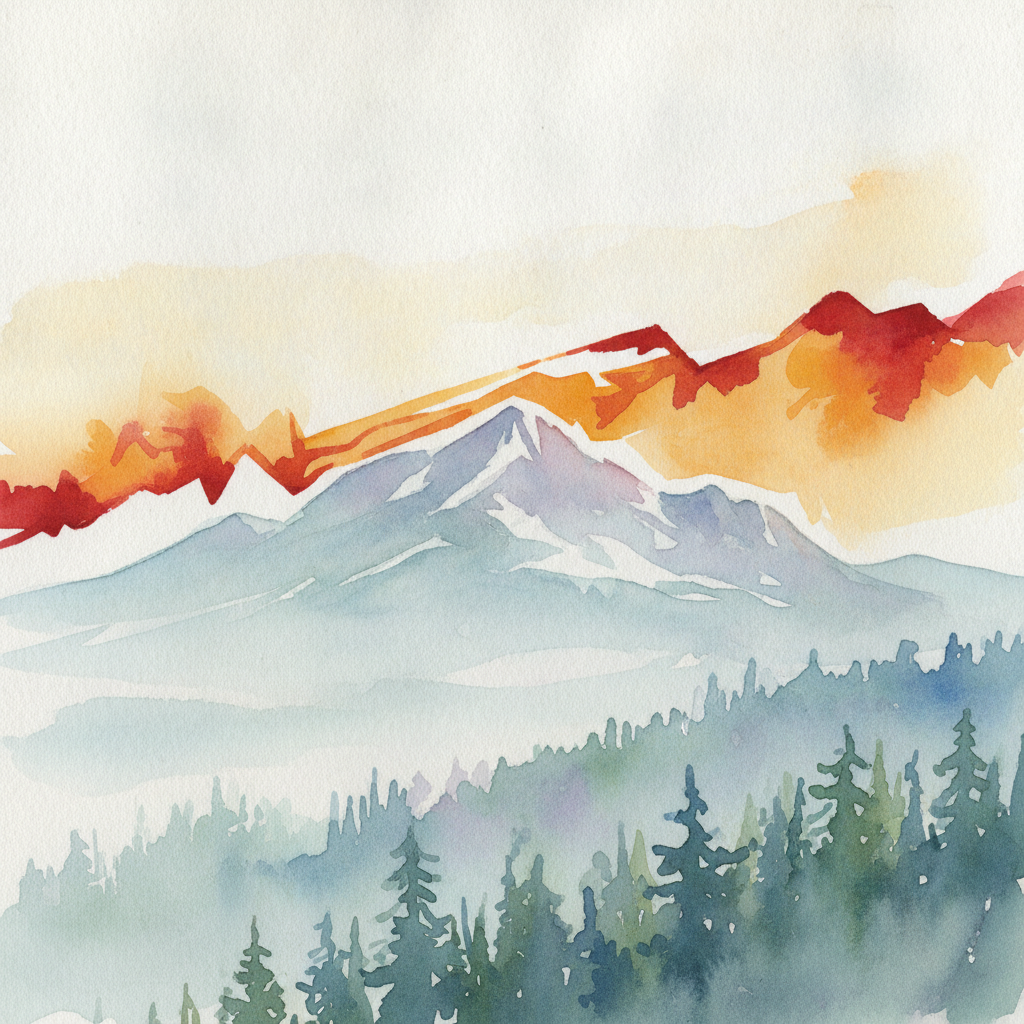 An abstract editorial illustration of a Colorado Springs vista at first light, with Pikes Peak and pine forest in soft watercolor, with harsh afternoon light…