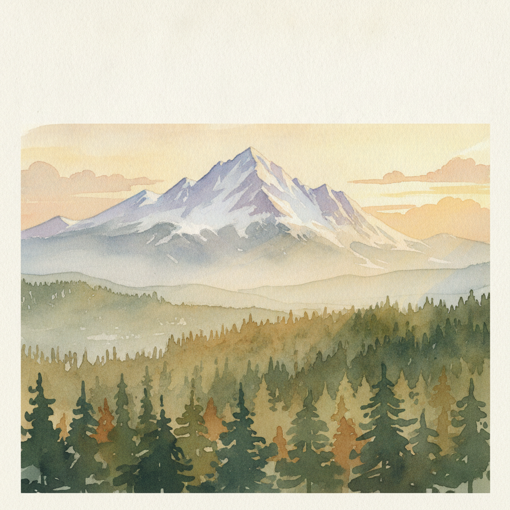 An abstract editorial illustration of a Colorado Springs vista at first light, with Pikes Peak and pine forest in soft watercolor, in warm afternoon light…