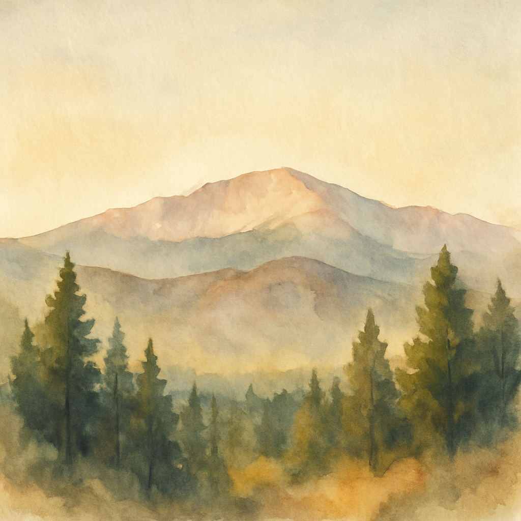 An abstract editorial illustration of a Colorado Springs vista at first light, with Pikes Peak and pine forest in soft watercolor, in golden afternoon light…