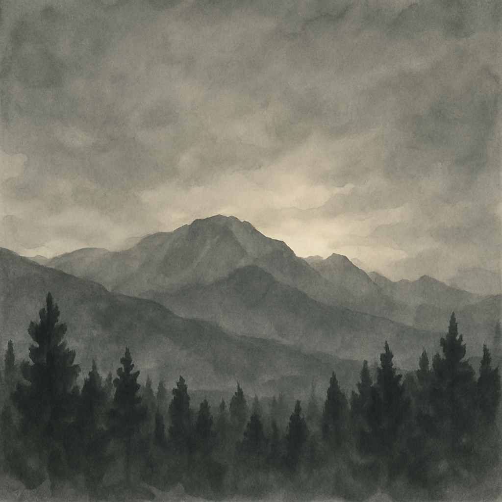 An abstract editorial illustration of a Colorado Springs vista at first light, with Pikes Peak and pine forest in soft watercolor, in shadowed institutional…