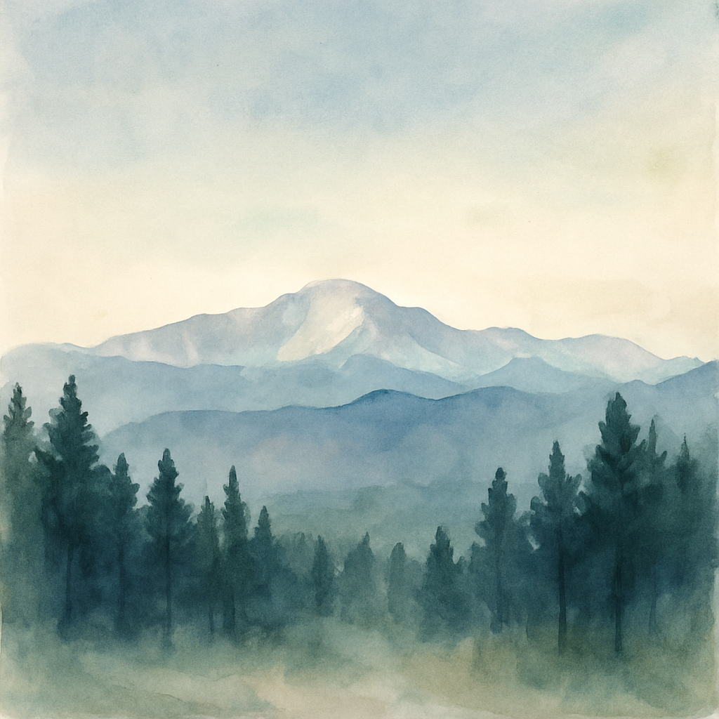An abstract editorial illustration of a Colorado Springs vista at first light, with Pikes Peak and pine forest in soft watercolor, in cool evening light with…