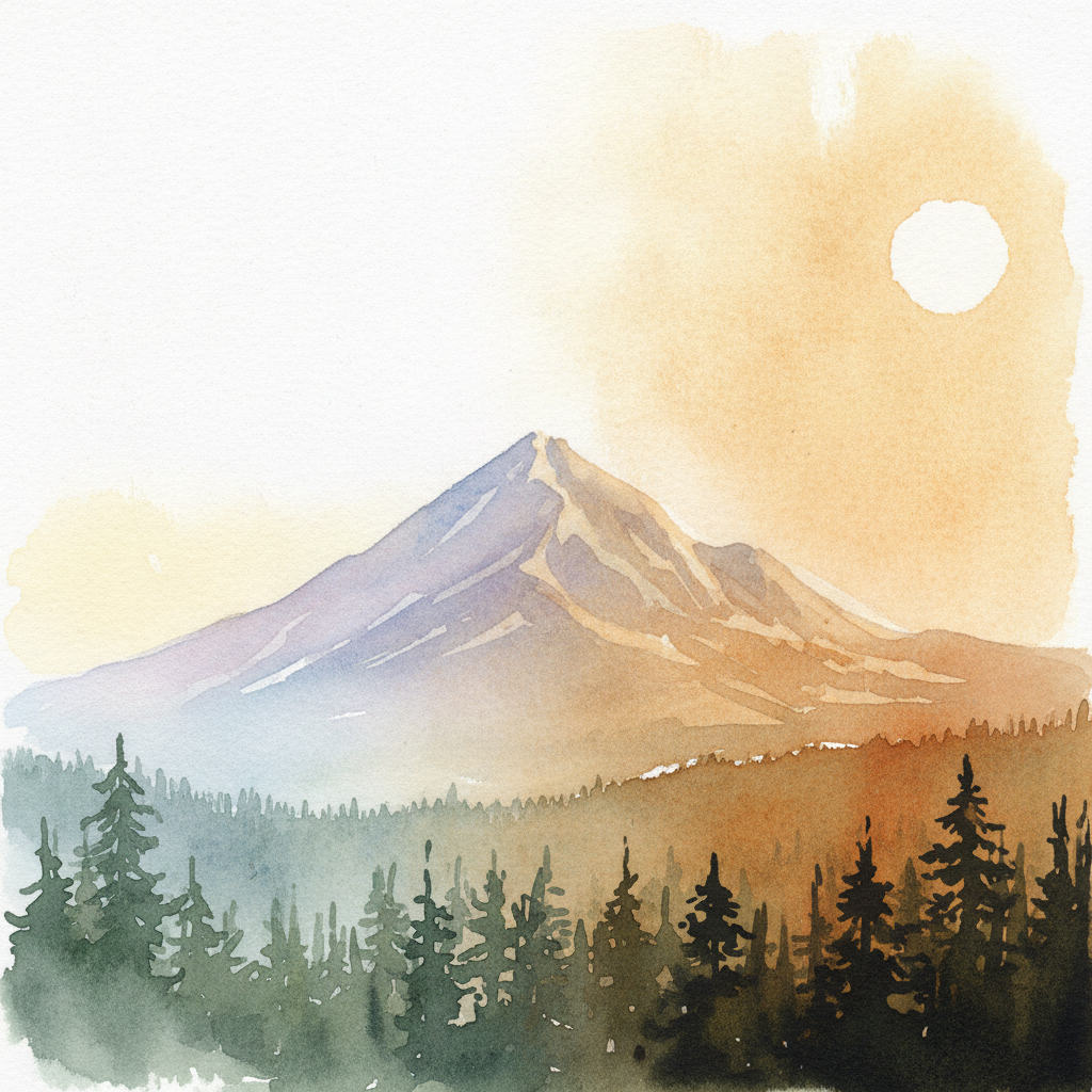 An abstract editorial illustration of a Colorado Springs vista at first light, with Pikes Peak and pine forest in soft watercolor, under harsh midday sun with…