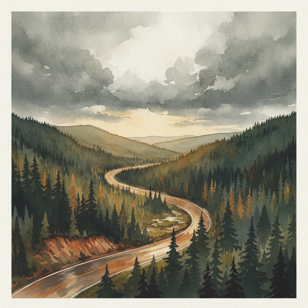 An abstract editorial illustration of a Colorado mountain highway curving through pine forest, viewed from above at golden hour, beneath gray storm clouds,…
