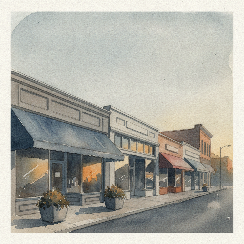 An abstract editorial illustration of downtown Colorado Springs storefronts at golden hour, with awnings, sidewalk planters, and warm reflected light, in…