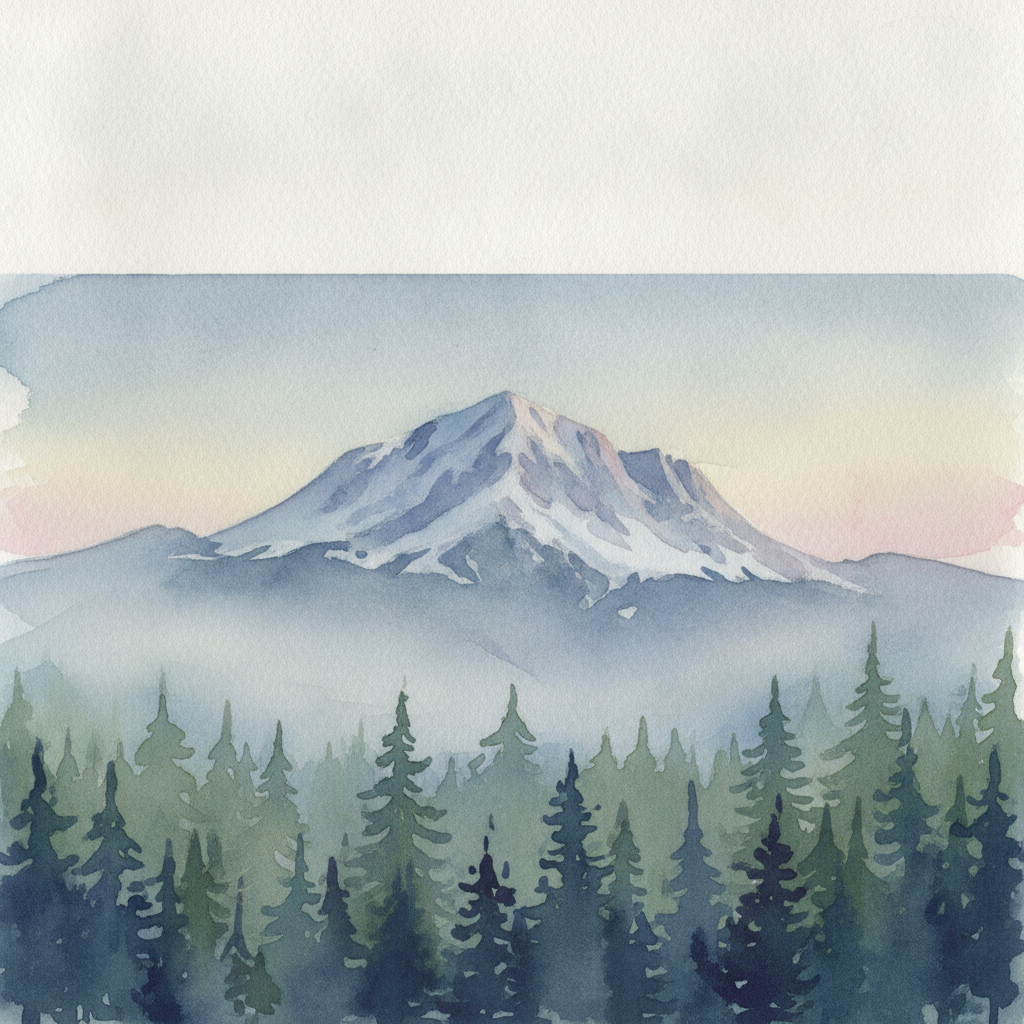 An abstract editorial illustration of a Colorado Springs vista at first light, with Pikes Peak and pine forest in soft watercolor, in soft morning light, with…
