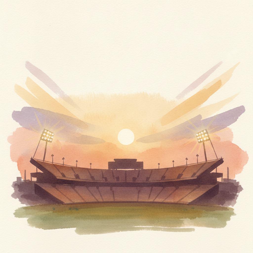 An abstract editorial illustration of an empty stadium silhouette against a Colorado sunset, with stadium lights just beginning to glow, under bright…
