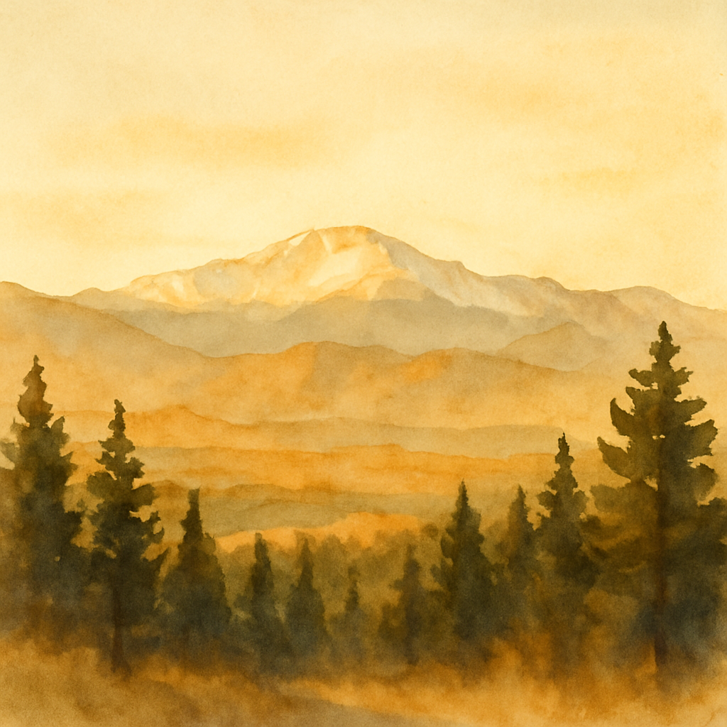 An abstract editorial illustration of a Colorado Springs vista at first light, with Pikes Peak and pine forest in soft watercolor, in warm golden evening…