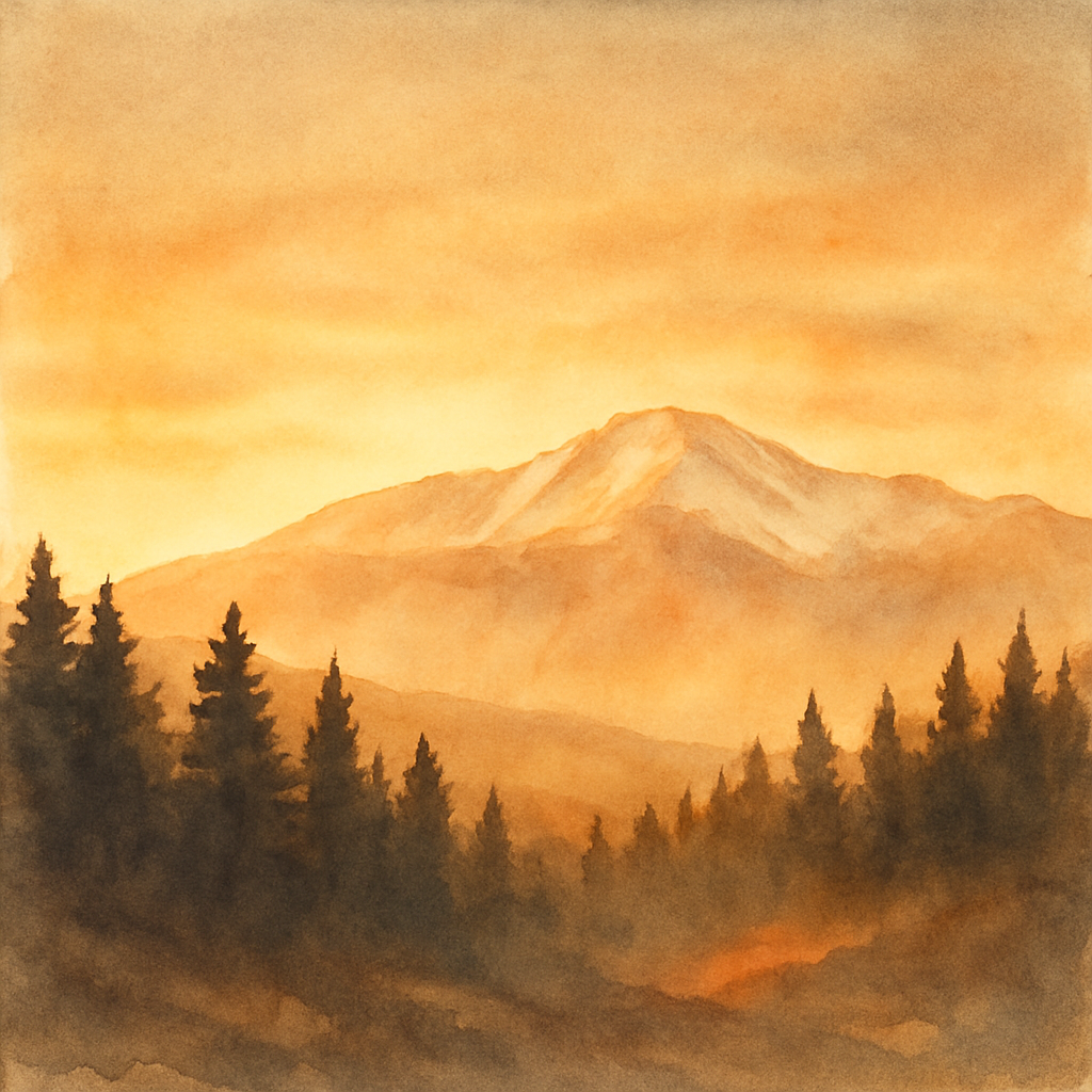 An abstract editorial illustration of a Colorado Springs vista at first light, with Pikes Peak and pine forest in soft watercolor, with warm amber stage…