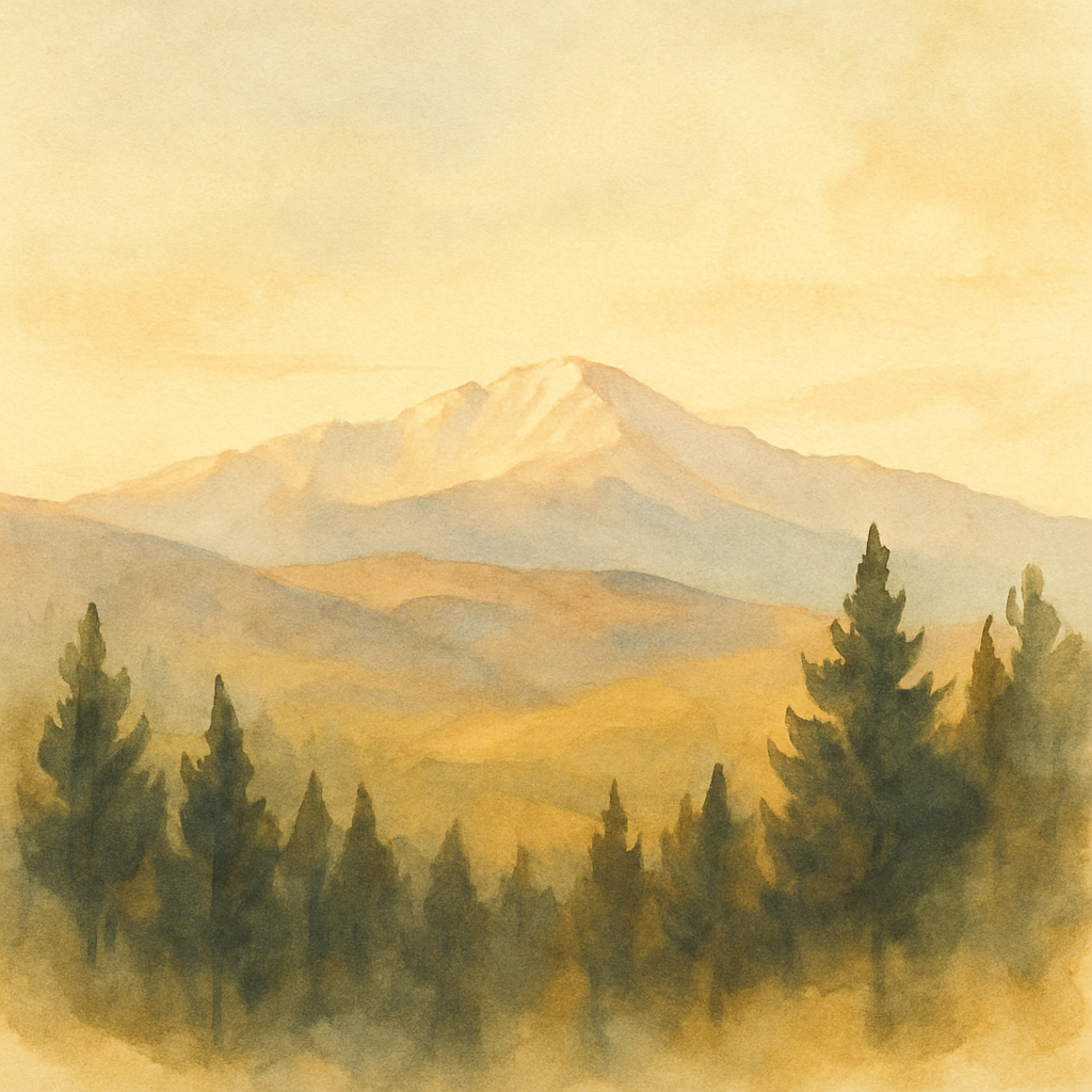 An abstract editorial illustration of a Colorado Springs vista at first light, with Pikes Peak and pine forest in soft watercolor, in golden afternoon light…