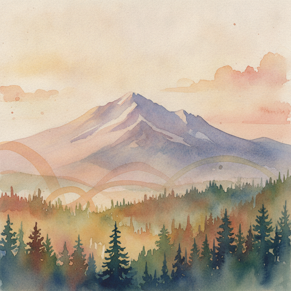 An abstract editorial illustration of a Colorado Springs vista at first light, with Pikes Peak and pine forest in soft watercolor, in warm afternoon light…