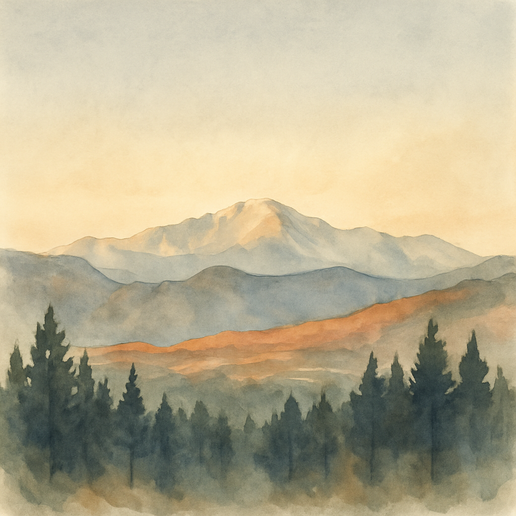 An abstract editorial illustration of a Colorado Springs vista at first light, with Pikes Peak and pine forest in soft watercolor, under warm clinical light,…